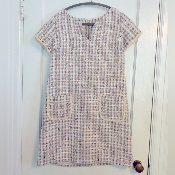 Sara Campbell Cream Multi Tweed Sheath Dress Lined Cap Sleeves